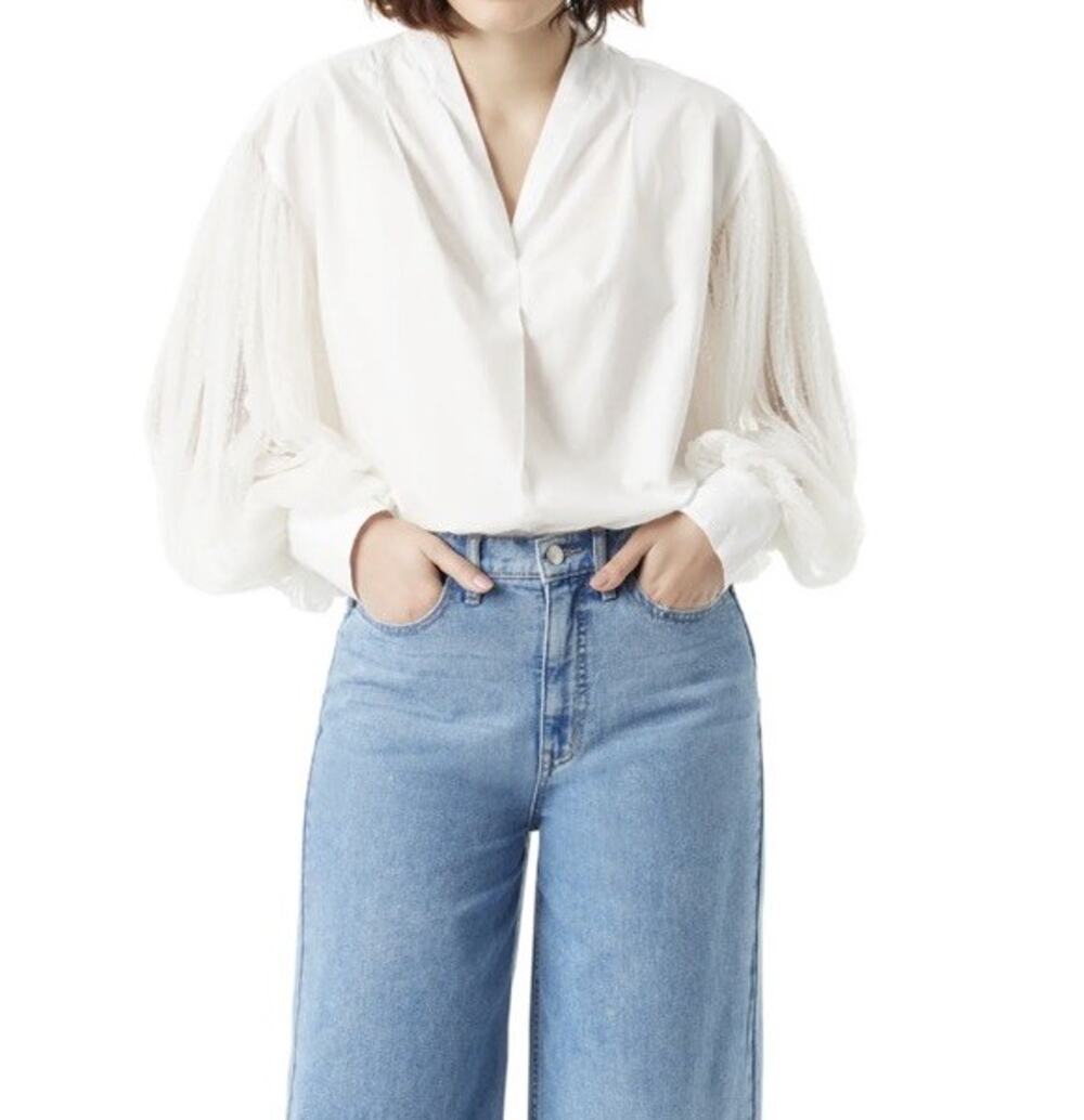 Sam Edelman Marilyn White Clip Dot Sheer Long Sleeve Oversized Crop Blouse Sz L